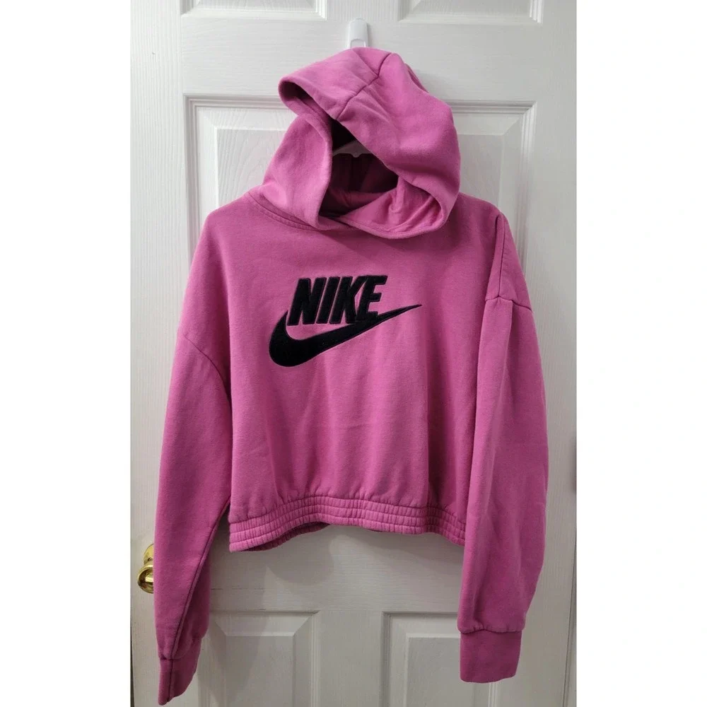 Nike Cropped Medium Pink Hoodie Sweatshirt Embroidered Logo EUC